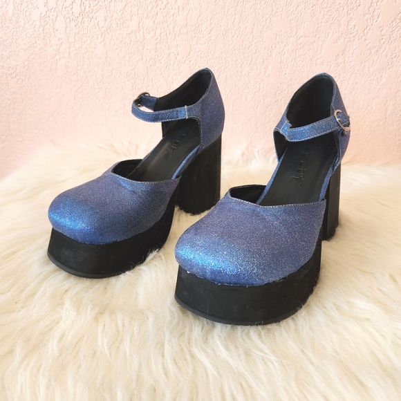 UNIF Shoes - UNIF Blue Sparkly Glitter Stace Platform Mary Jane Retro 90s Shoes